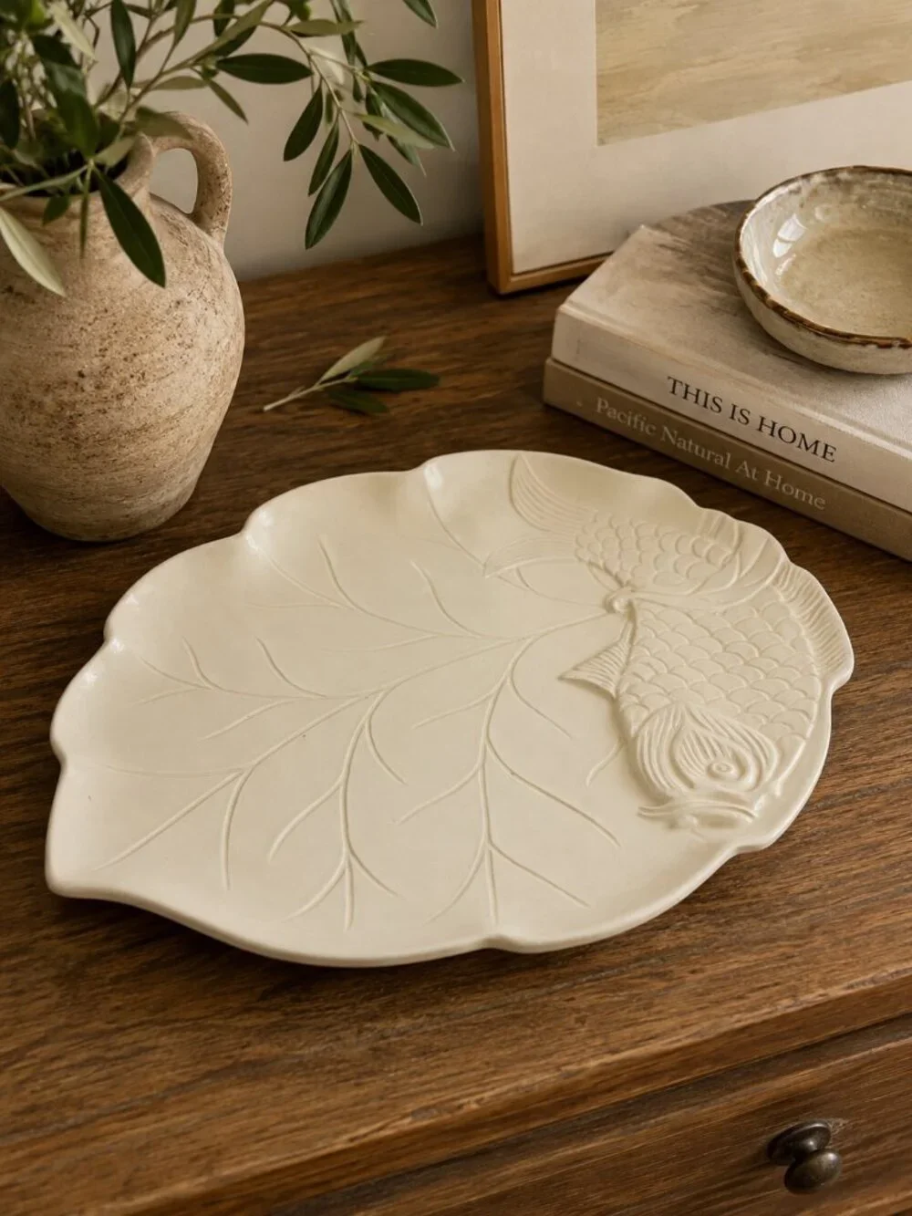 Ceriart Portugal White Ceramic Leaf Koi Fish Serving Platter 18”